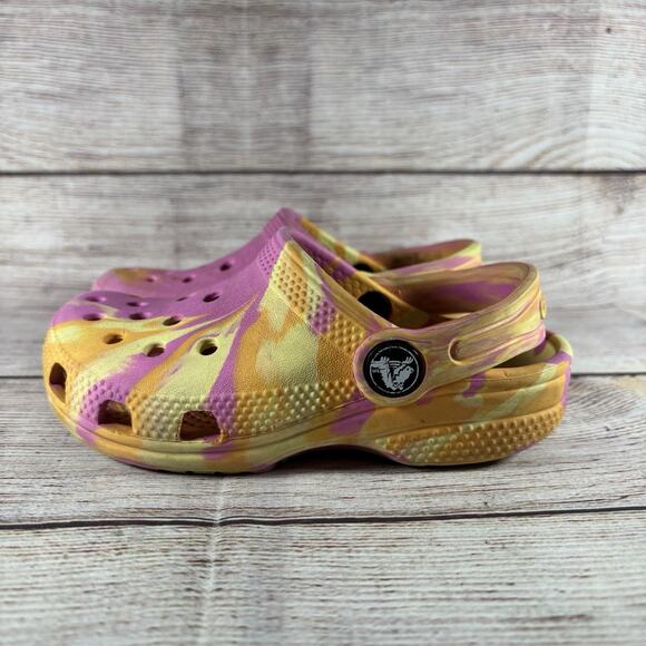 Crocs Toddler Classic Marbled Tie Dye Clogs Kids Size C9 Pink Orange Yellow - Picture 1 of 15